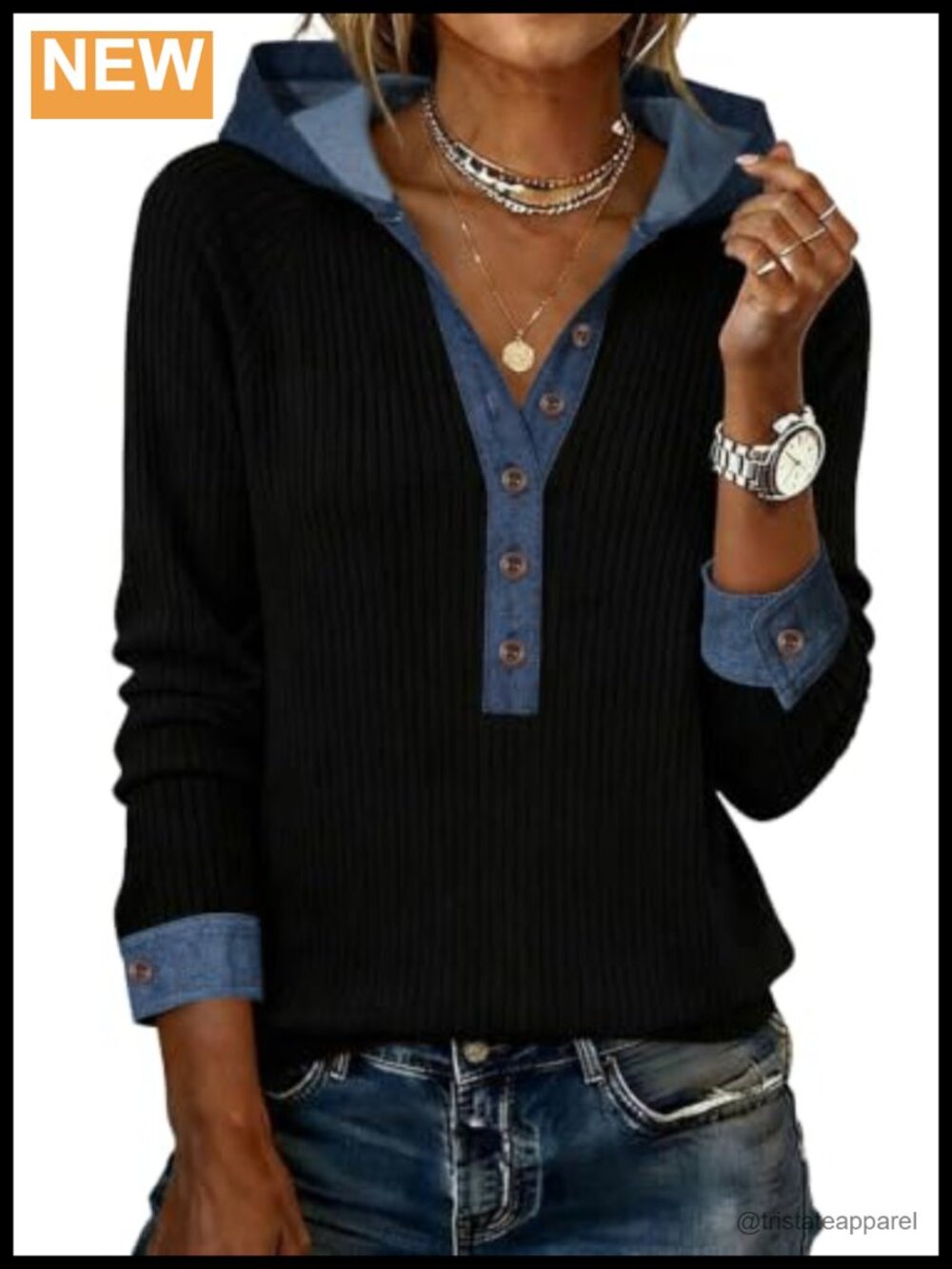 Women's Denim Patchwork Tunic Top Long Sleeve with Polo Collar and Cuffed